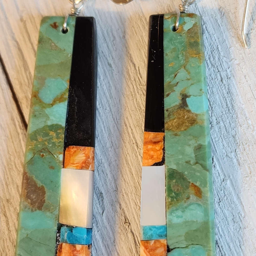 Native American Multi Stone Inlay Drop Earrings - Picture 8 of 15